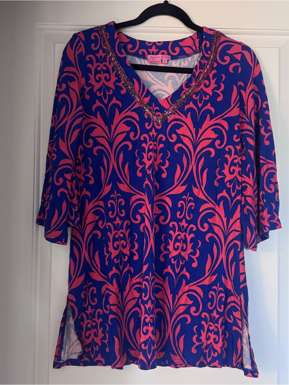 V-Neck Embellished Blue and Pink Tunic Top